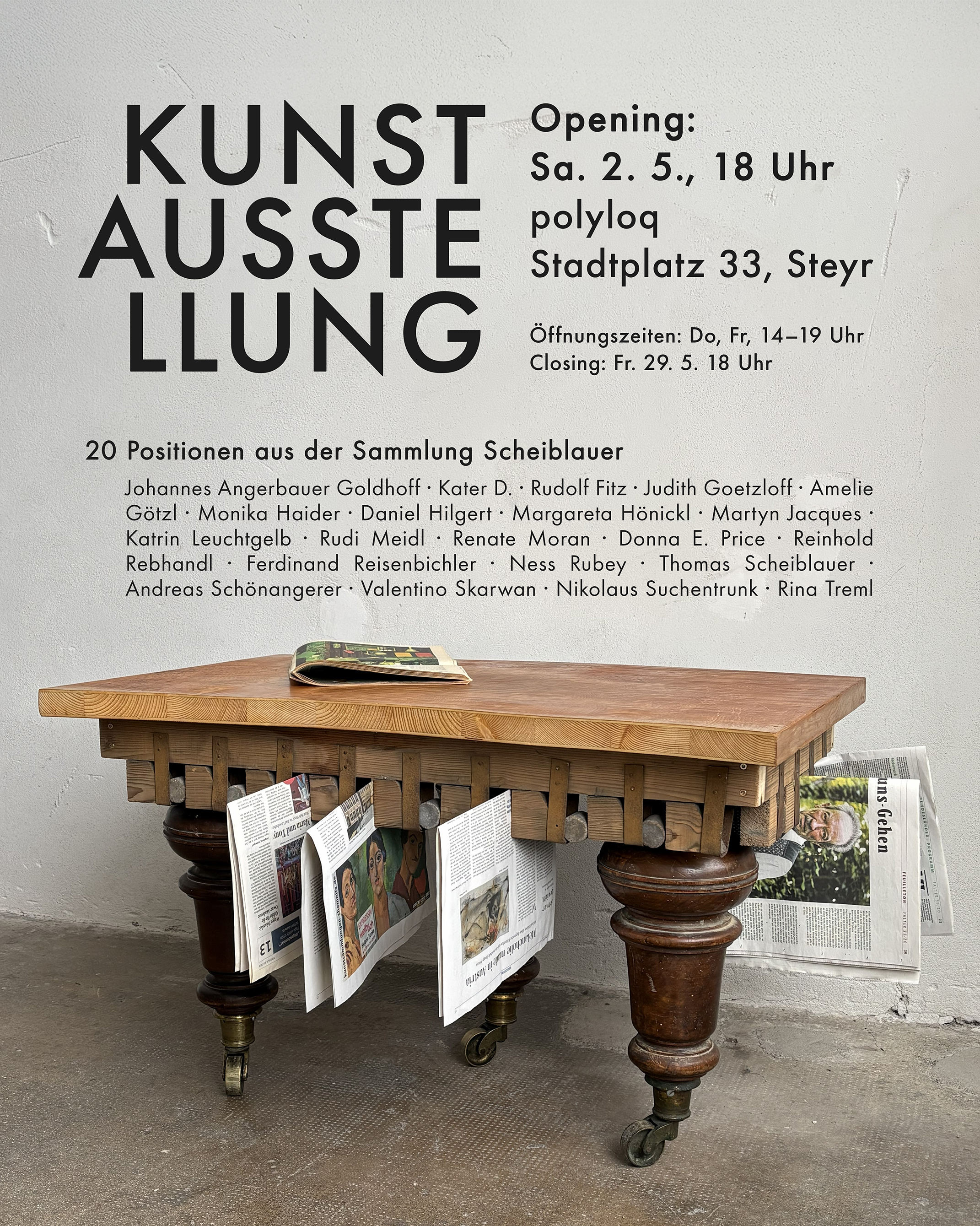 Plakat Kunstausstellung – 20 Positionen aus der Sammlung Scheiblauer, polyloq Stadtplatz 33 Steyr